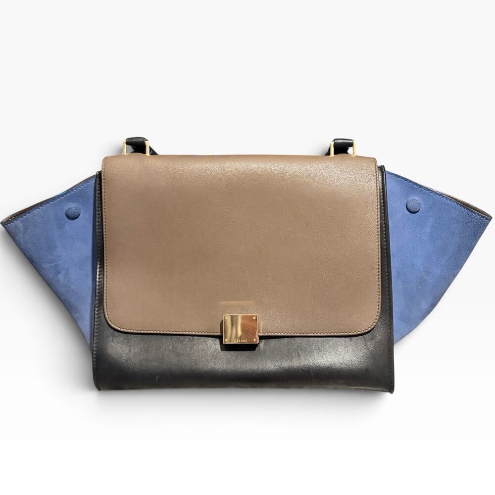 Celine Trapeze Large Taupe Black Blue Suede Leather Crossbody with COA